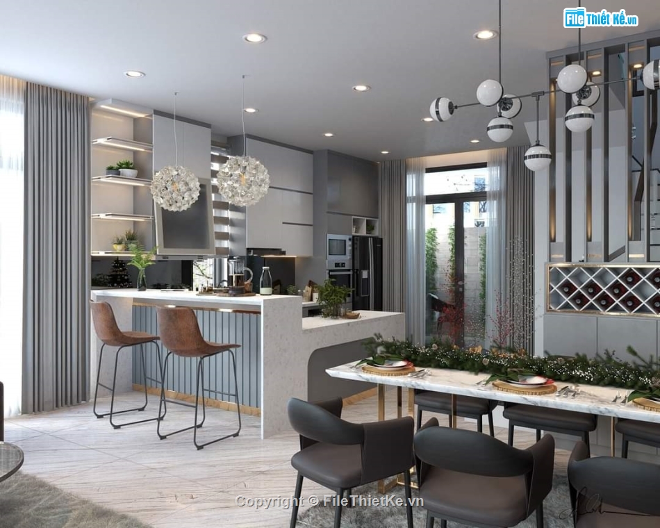 Nội thất phòng khách bếp,phòng khách bếp,Sketchup bếp,Nội thất